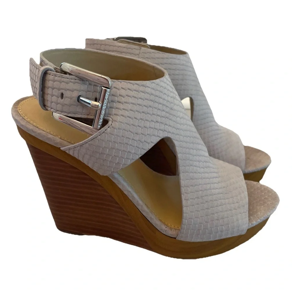 Michael Kors Josephine Snakeskin Embossed Wedge Open Toe Heels Sandals Size 6 - Picture 2 of 11